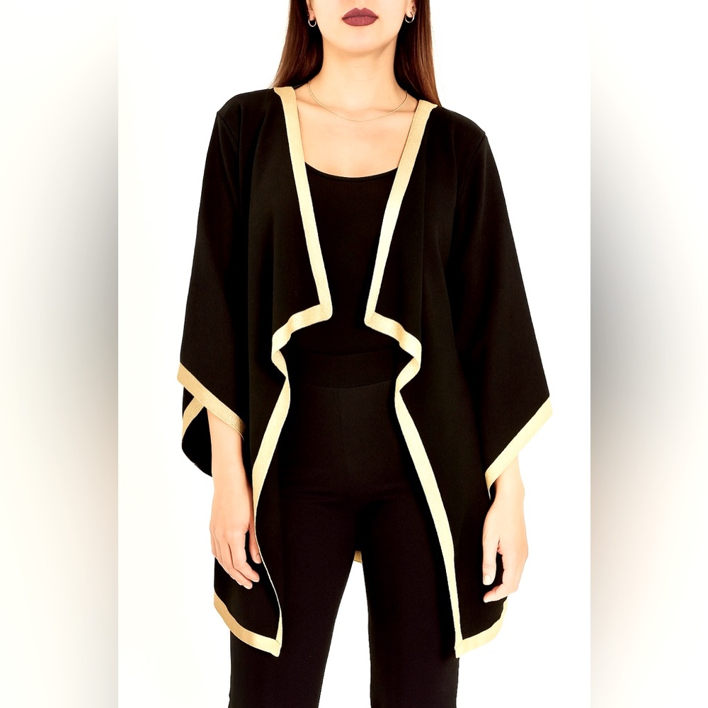 Weill Paris Black Kimono Style Cardigan Wool blend with Gold Trim